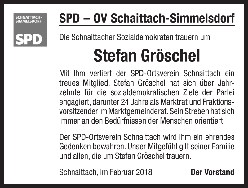  Traueranzeige für Stefan Gröschel vom 30.05.2018 aus Pegnitz-Zeitung