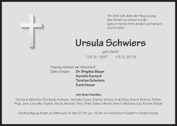 Traueranzeige von Ursula Schwiers von Der Bote