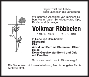 Traueranzeige von Volkmar Röbbelen von Der Bote