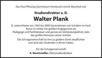 Traueranzeige von Walter Plank von Hersbrucker Zeitung
