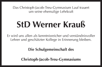Traueranzeige von Werner Krauß von Pegnitz-Zeitung