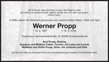 Traueranzeige von Werner Propp von Der Bote