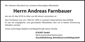 Traueranzeige von Andreas Farnbauer von Hersbrucker Zeitung