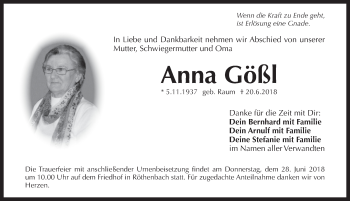 Traueranzeige von Anna Gößl von Pegnitz-Zeitung