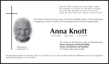 Traueranzeige von Anna Knott von Pegnitz-Zeitung