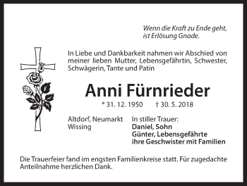 Traueranzeige von Anni Fürnrieder von Der Bote