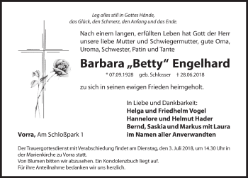 Traueranzeige von Barbara Engelhard von Hersbrucker Zeitung
