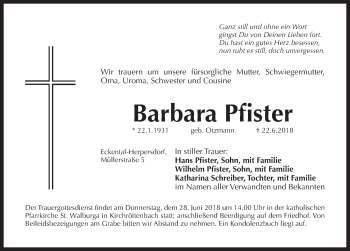 Traueranzeige von Barbara Pfister von Pegnitz-Zeitung