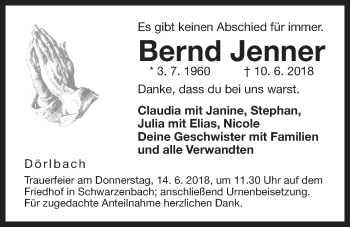 Traueranzeige von Bernd Jenner von Der Bote