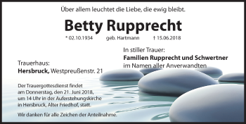 Traueranzeige von Betty Rupprecht von Hersbrucker Zeitung