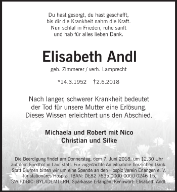 Traueranzeige von Elisabeth Andl von Pegnitz-Zeitung