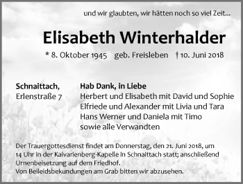 Traueranzeige von Elisabeth Winterhalder von Pegnitz-Zeitung