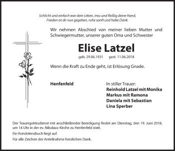 Traueranzeige von Elise Latzel von Hersbrucker Zeitung