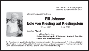 Traueranzeige von Elli Johanne Edle von Kiesling auf Kieslingstein von Der Bote