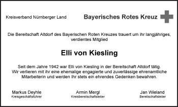 Traueranzeige von Elli Johanne Edle von Kiesling auf Kieslingstein von Der Bote