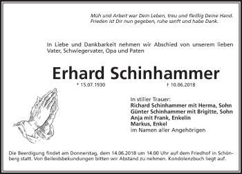 Traueranzeige von Erhard Schinhammer von Pegnitz-Zeitung