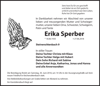 Traueranzeige von Erika Sperber von Hersbrucker Zeitung