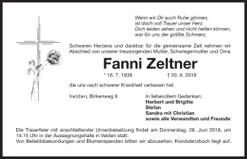 Traueranzeige von Fanni Zeltner von Hersbrucker Zeitung