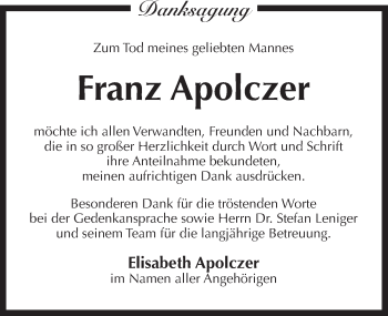 Traueranzeige von Franz Apolczer von Pegnitz-Zeitung