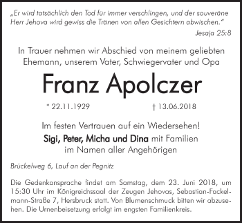 Traueranzeige von Franz Apolczer von Pegnitz-Zeitung