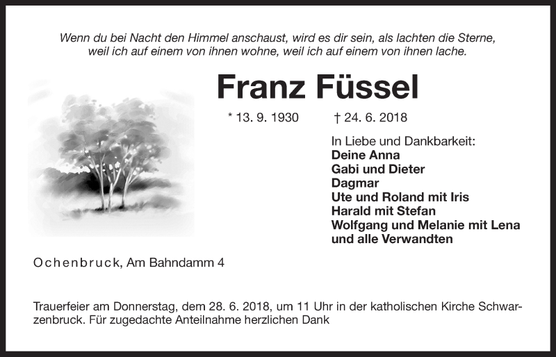  Traueranzeige für Franz Füssel vom 26.06.2018 aus Der Bote