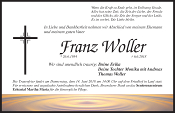 Traueranzeige von Franz Woller von Pegnitz-Zeitung