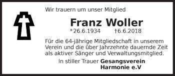Traueranzeige von Franz Woller von Pegnitz-Zeitung