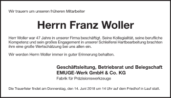 Traueranzeige von Franz Woller von Pegnitz-Zeitung