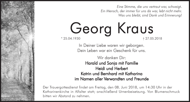  Traueranzeige für Georg Kraus vom 02.06.2018 aus Hersbrucker Zeitung