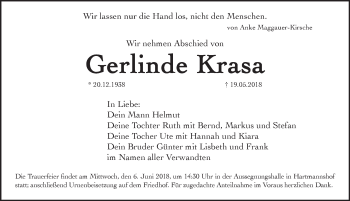 Traueranzeige von Gerlinde Krasa von Hersbrucker Zeitung