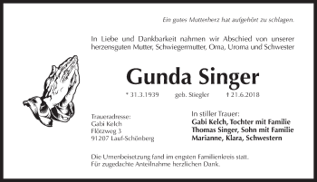 Traueranzeige von Gunda Singer von Pegnitz-Zeitung
