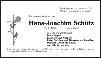 Traueranzeige von Hans-Joachim Schütz von Der Bote