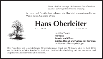 Traueranzeige von Hans Oberleiter von Pegnitz-Zeitung