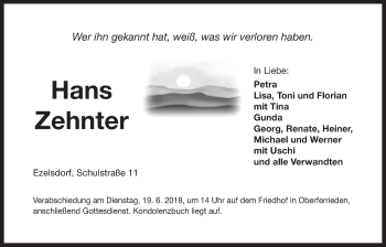 Traueranzeige von Hans Zehnter von Der Bote