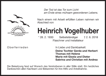 Traueranzeige von Heinrich Vogelhuber von Der Bote