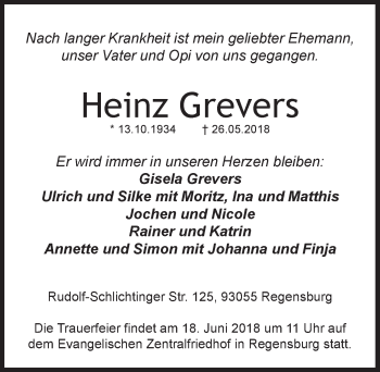 Traueranzeige von Heinz Grevers von Hersbrucker Zeitung