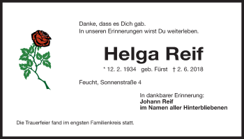 Traueranzeige von Helga Reif von Der Bote