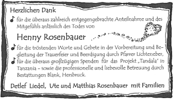 Traueranzeige von Henny Rosenbauer von Hersbrucker Zeitung