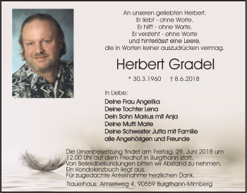Traueranzeige von Herbert Gradel von Der Bote