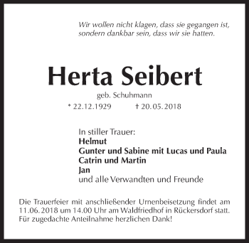 Traueranzeige von Herta Seibert von Pegnitz-Zeitung