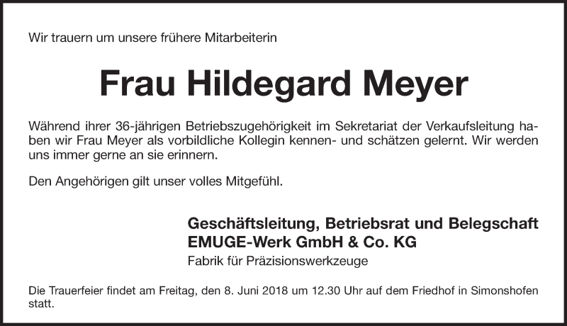  Traueranzeige für Hildegard Meyer vom 07.06.2018 aus Pegnitz-Zeitung