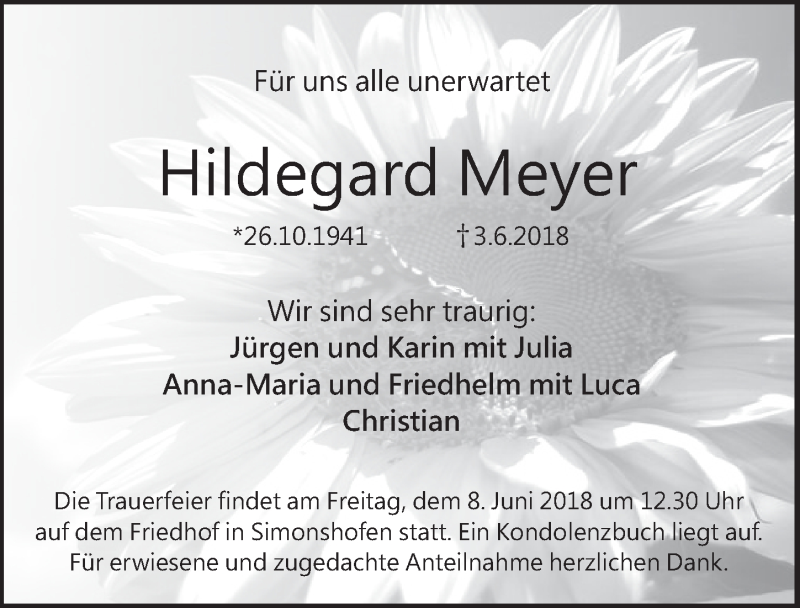 Traueranzeige für Hildegard Meyer vom 06.06.2018 aus Pegnitz-Zeitung