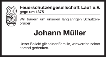 Traueranzeige von Johann Müller von Pegnitz-Zeitung