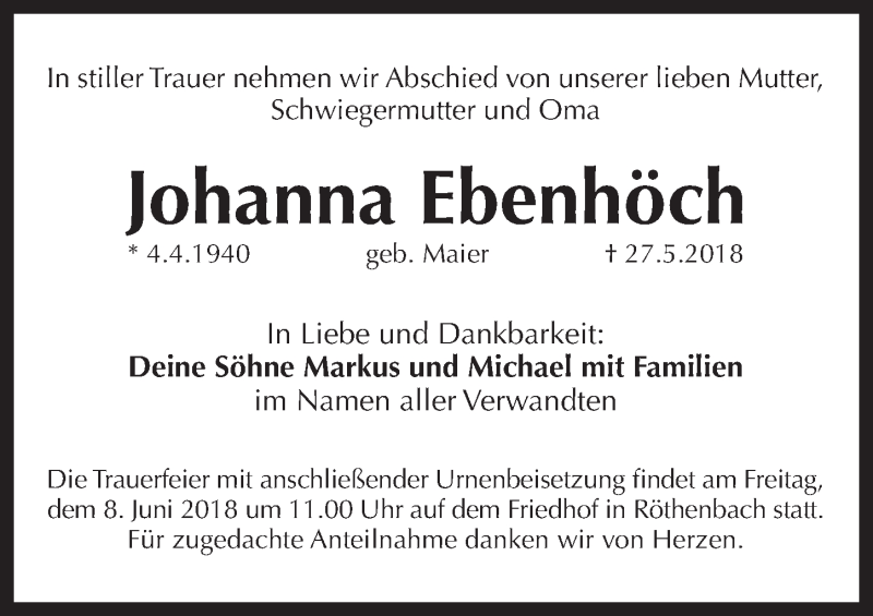  Traueranzeige für Johanna Ebenhöch vom 02.06.2018 aus Pegnitz-Zeitung