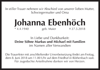 Traueranzeige von Johanna Ebenhöch von Pegnitz-Zeitung