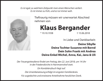 Traueranzeige von Klaus Bergander von Hersbrucker Zeitung
