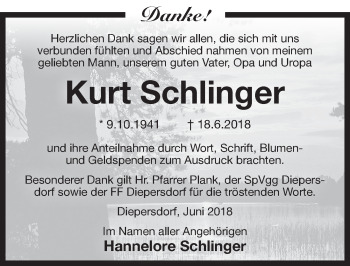 Traueranzeige von Kurt Schlinger von Pegnitz-Zeitung
