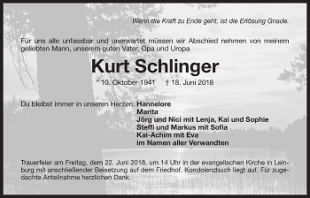 Traueranzeige von Kurt Schlinger von Der Bote