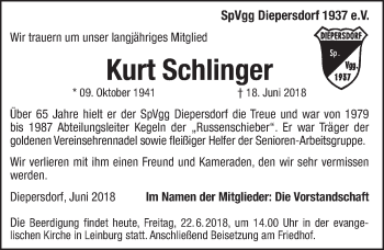 Traueranzeige von Kurt Schlinger von Pegnitz-Zeitung