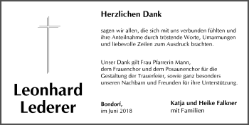 Traueranzeige von Leonhard Lederer von Pegnitz-Zeitung